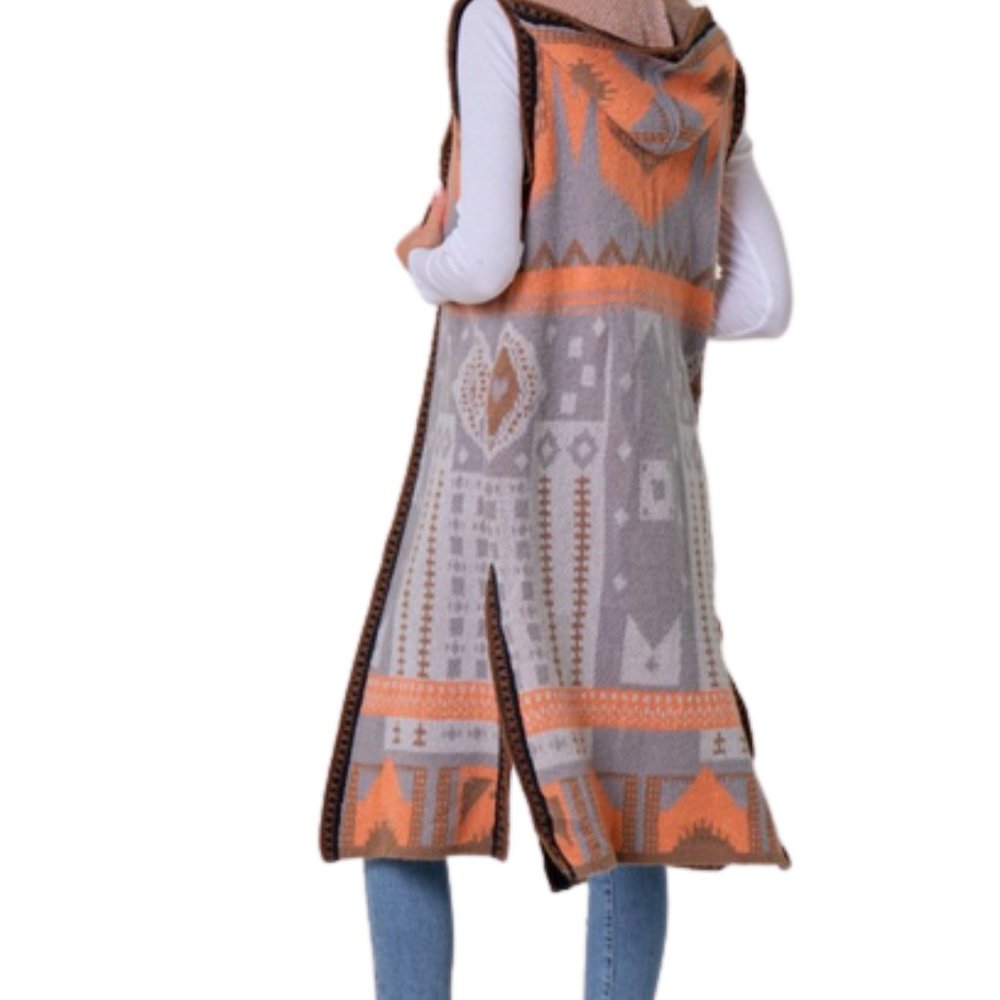 Women's Grey-Orange multi color Aztec Pattern Knit Hooded Long Cardigan … - Picture 6 of 6